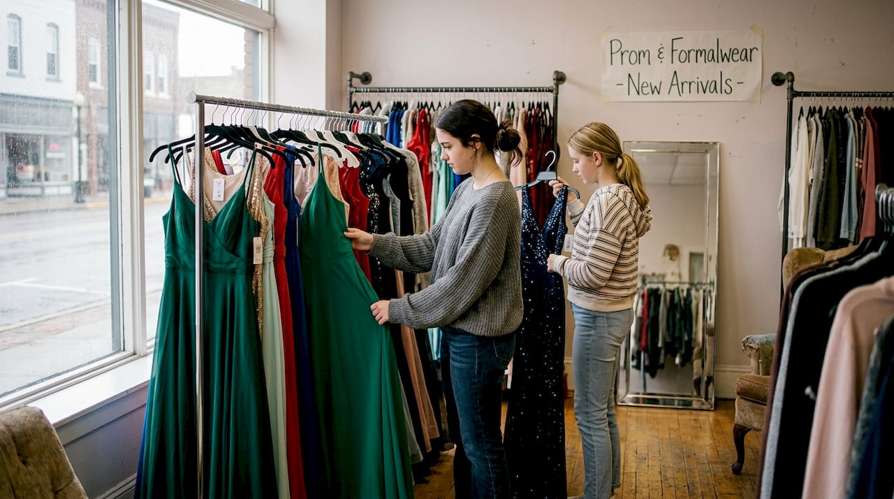 Teen girls browses formalwear in small boutique