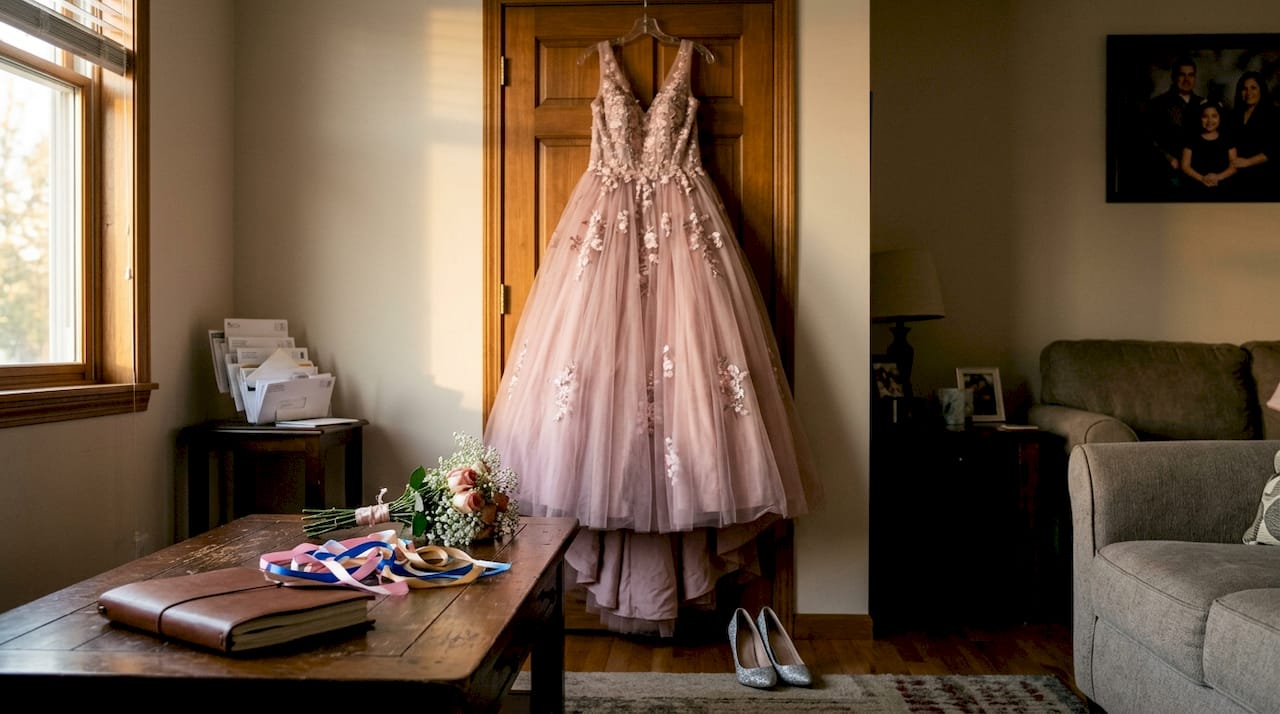 Quinceañera dress and accessories in living room