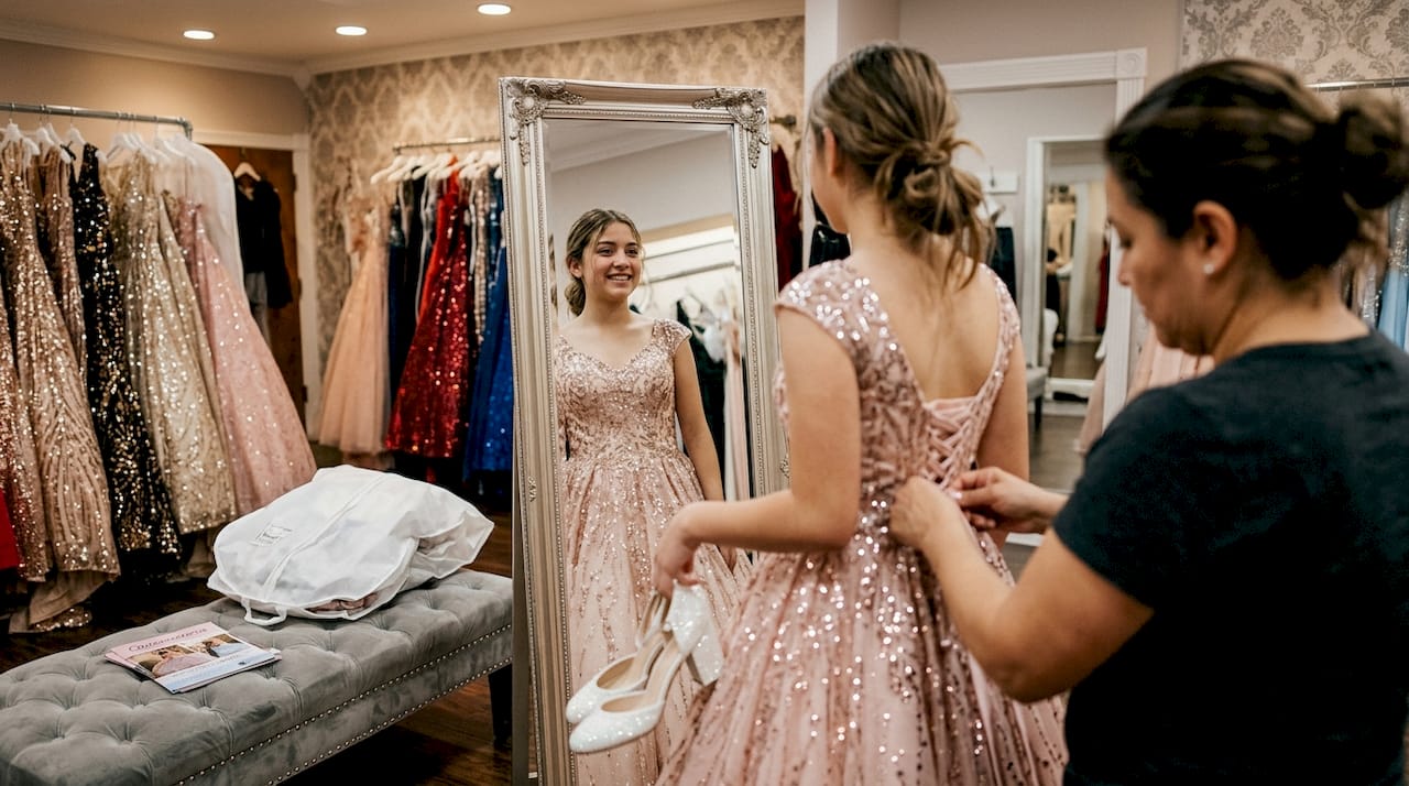 Teen trying on quinceañera dress in boutique