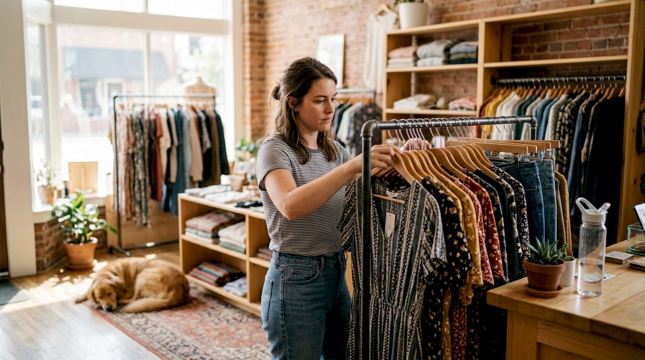 Woman browsing dress rack in boutique