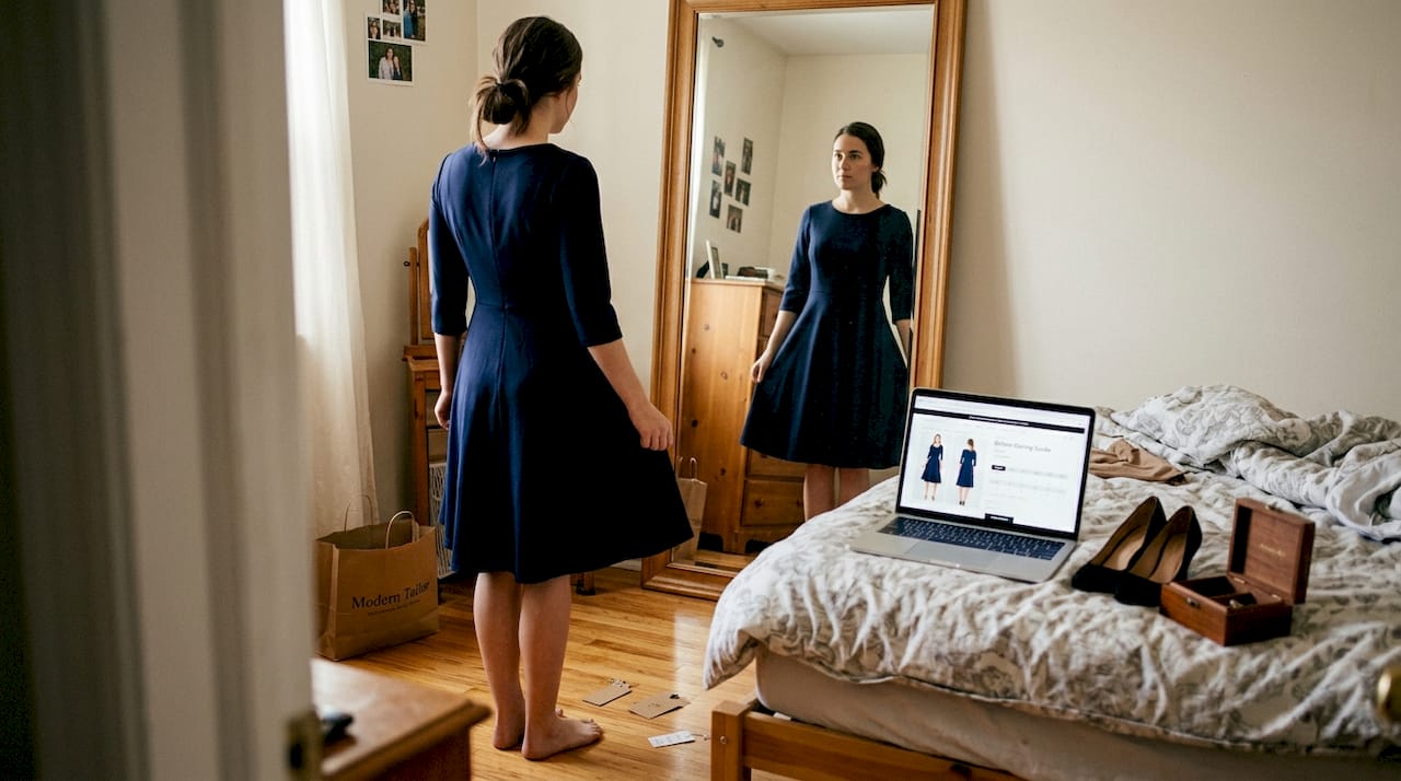 Person checking dress fit in mirror at home