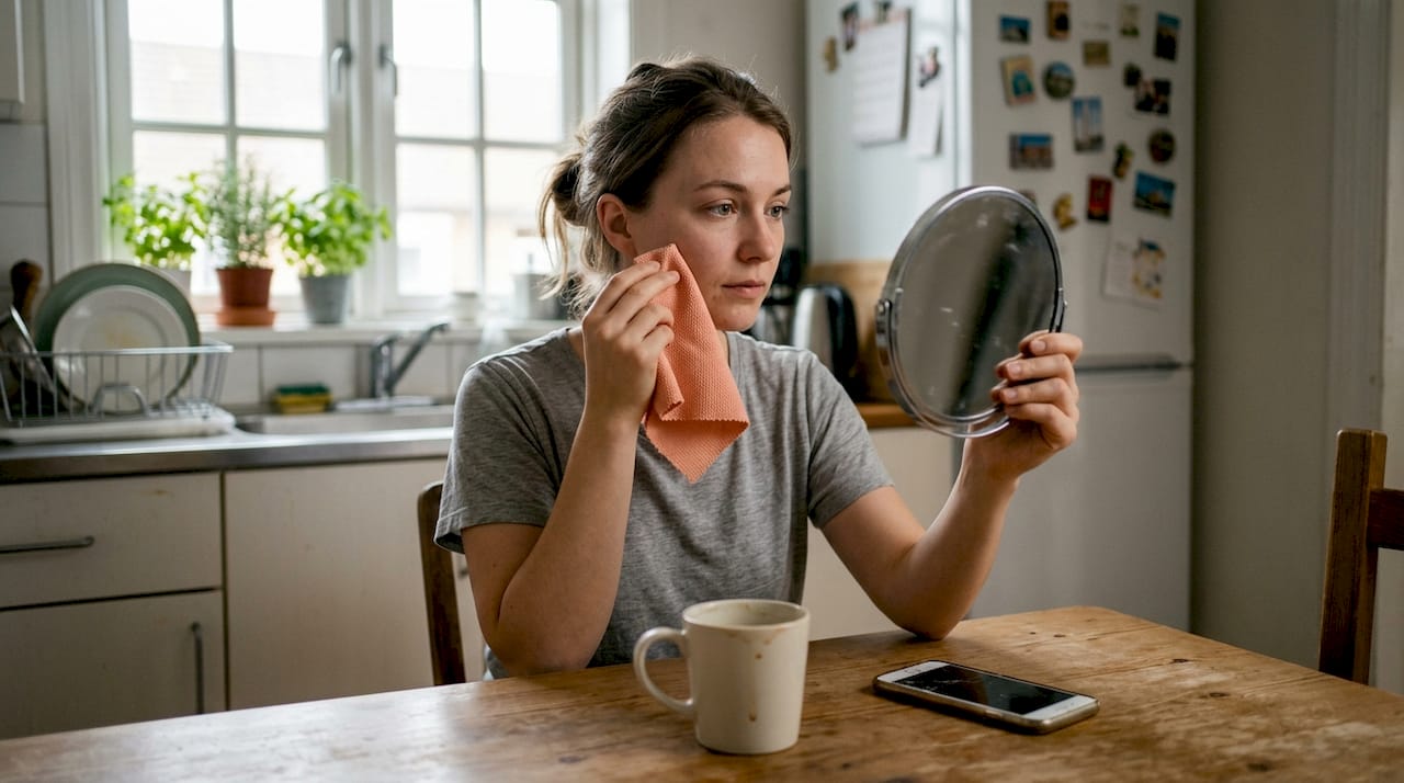 Woman checking fabric against skin in daylight
