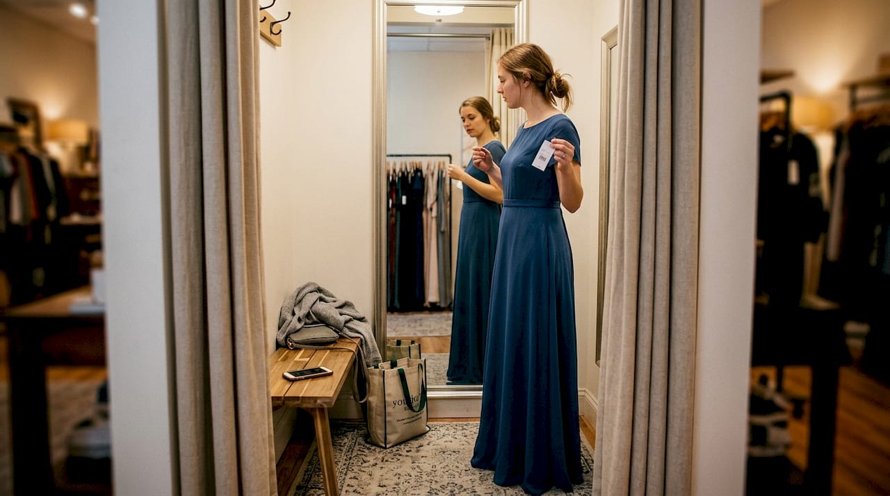 Woman inspecting formal dress with tag in fitting room