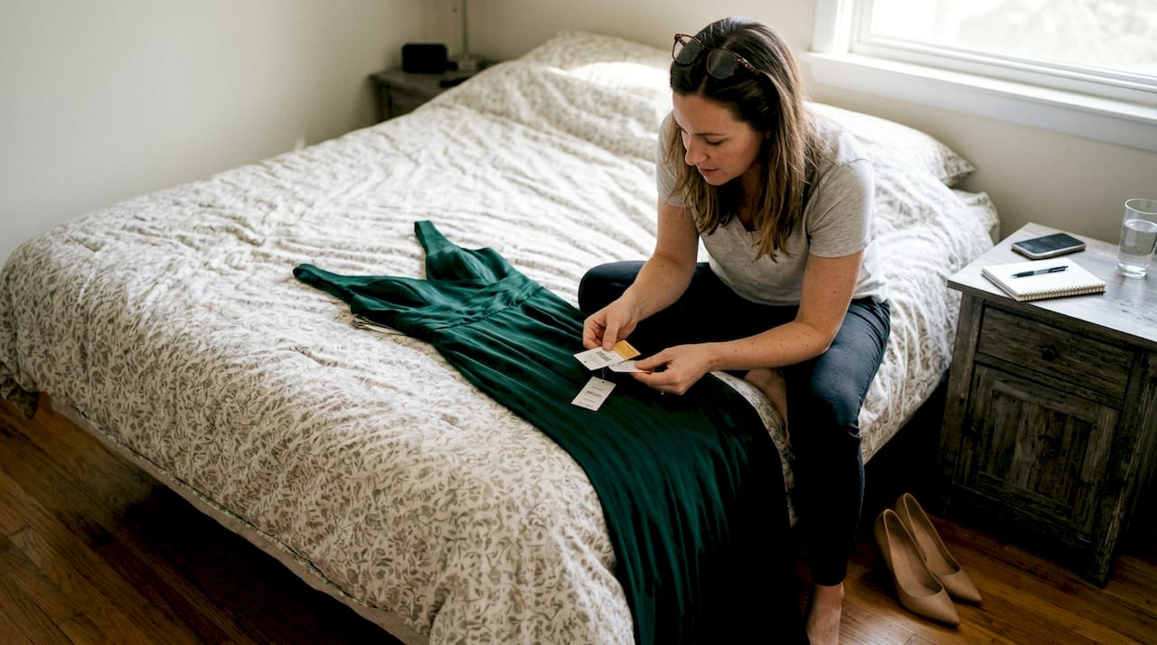 Woman checking tags on new formal dress