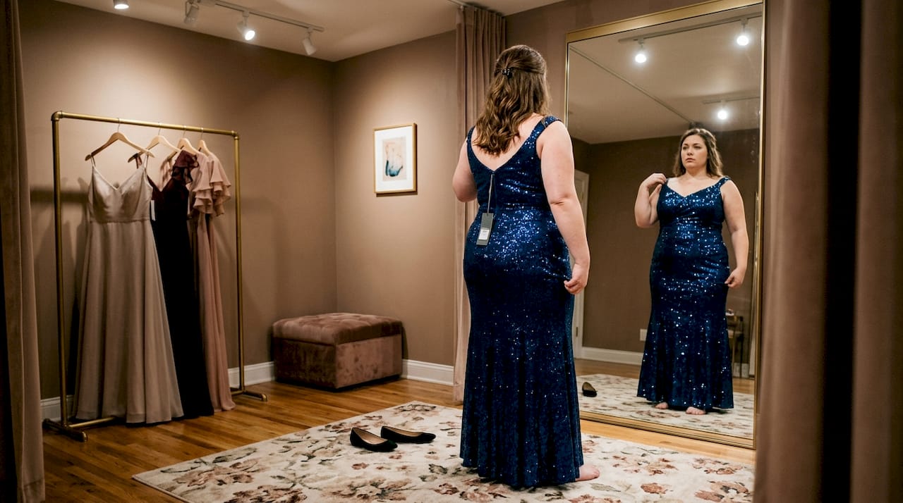 Woman adjusting plus size evening gown in boutique
