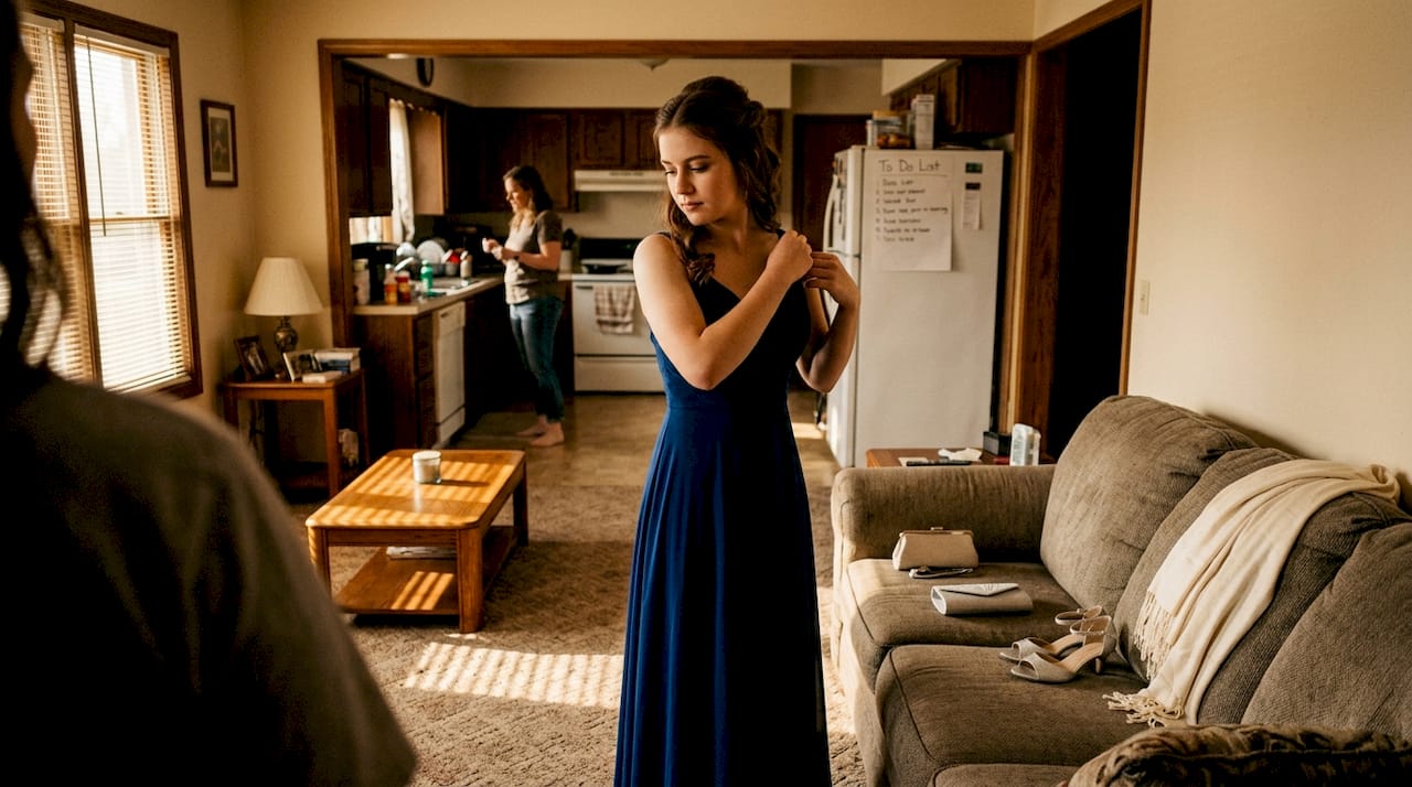 Young woman in gown preparing for prom