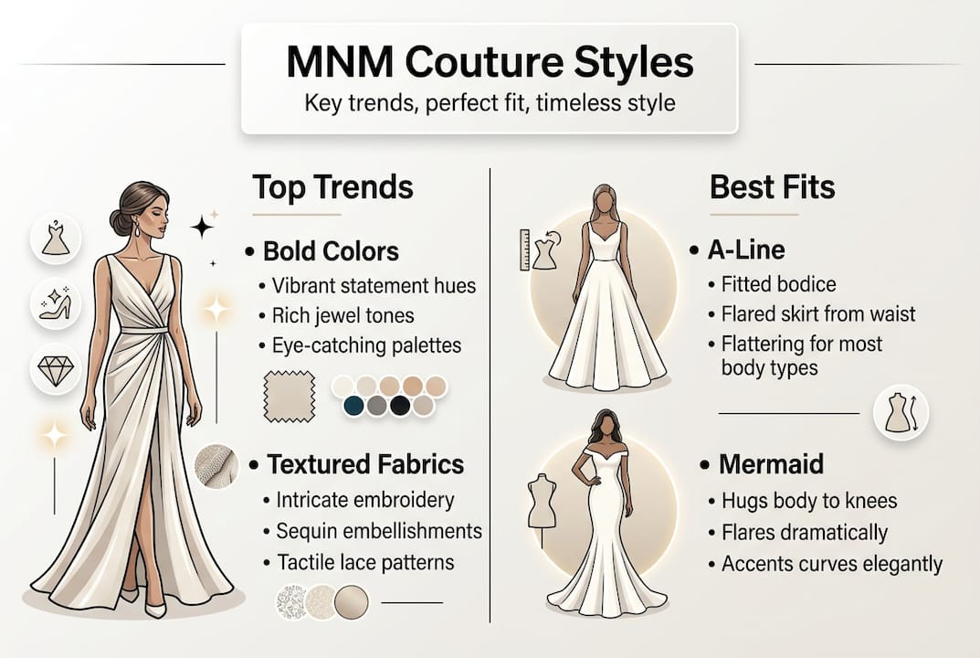 Infographic of MNM Couture trends and fit