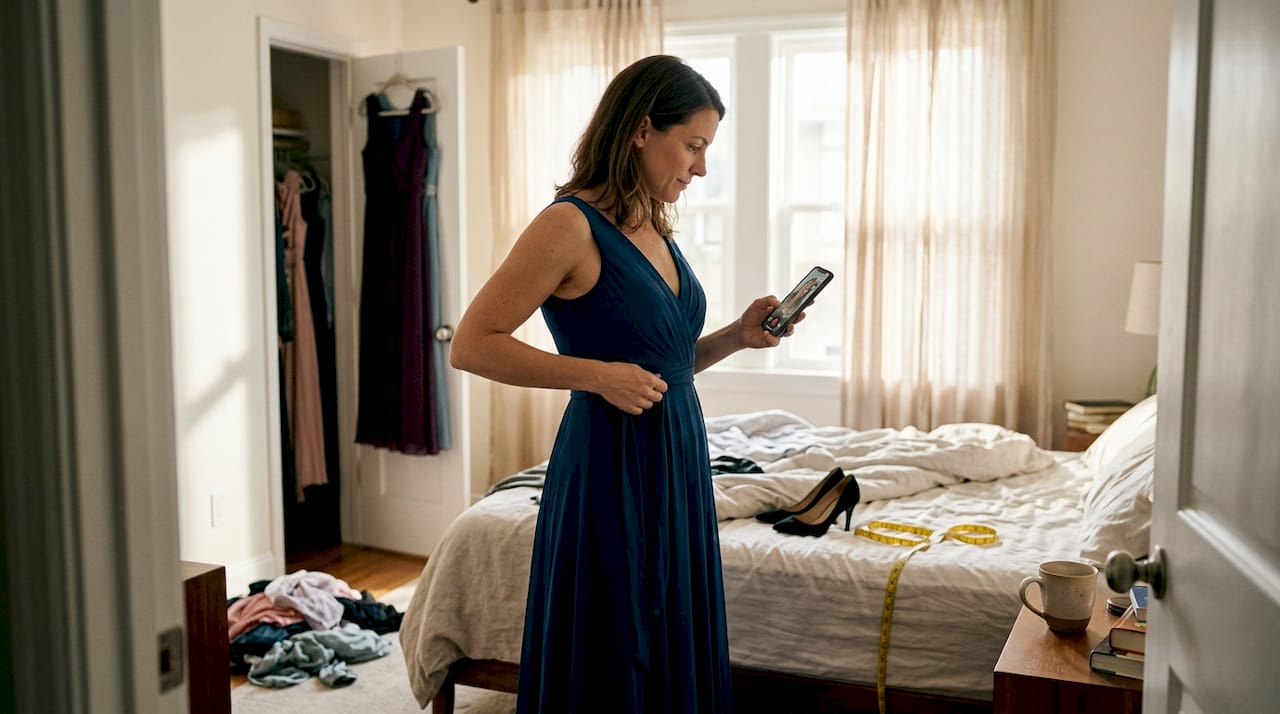 Woman trying on formal dress at home