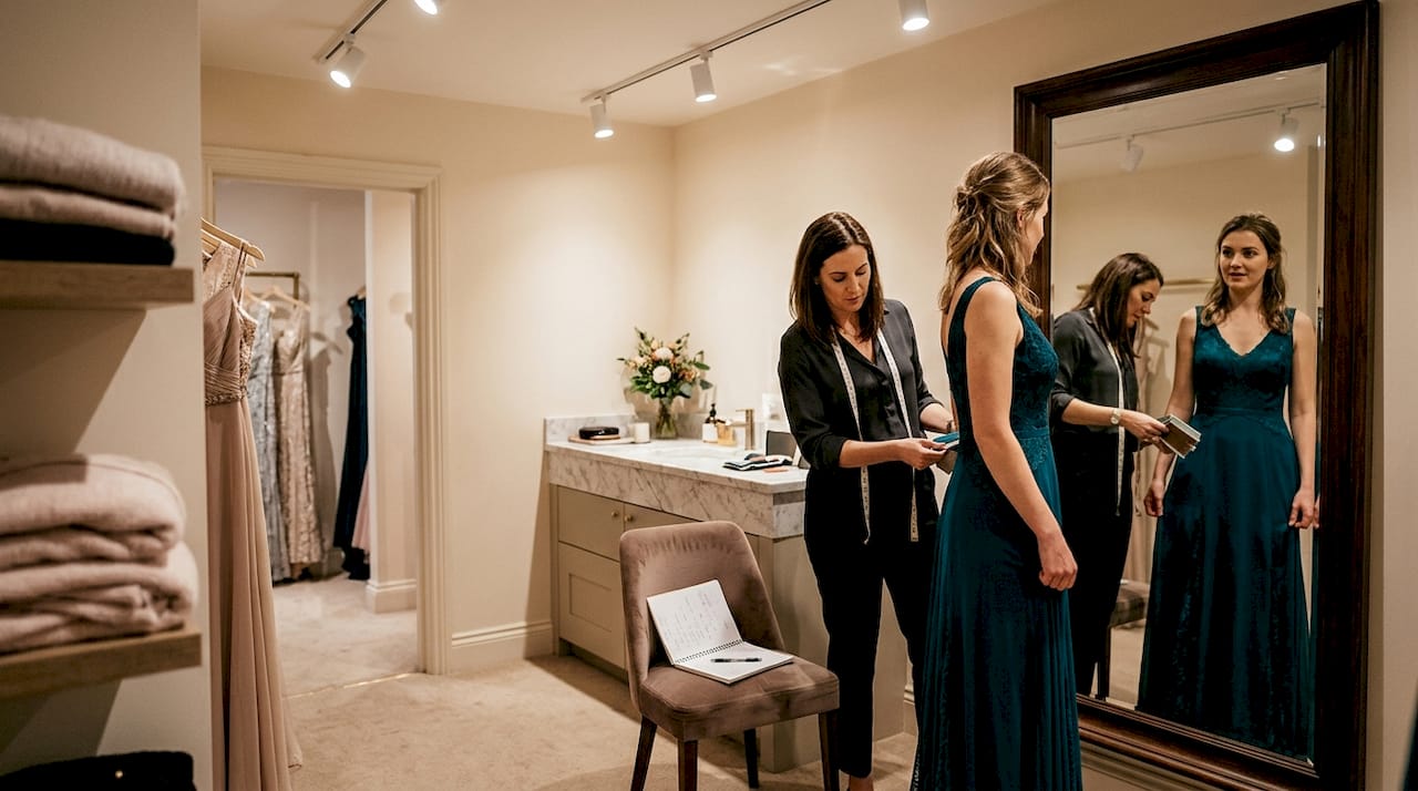 Woman adjusting MNM Couture gown in boutique