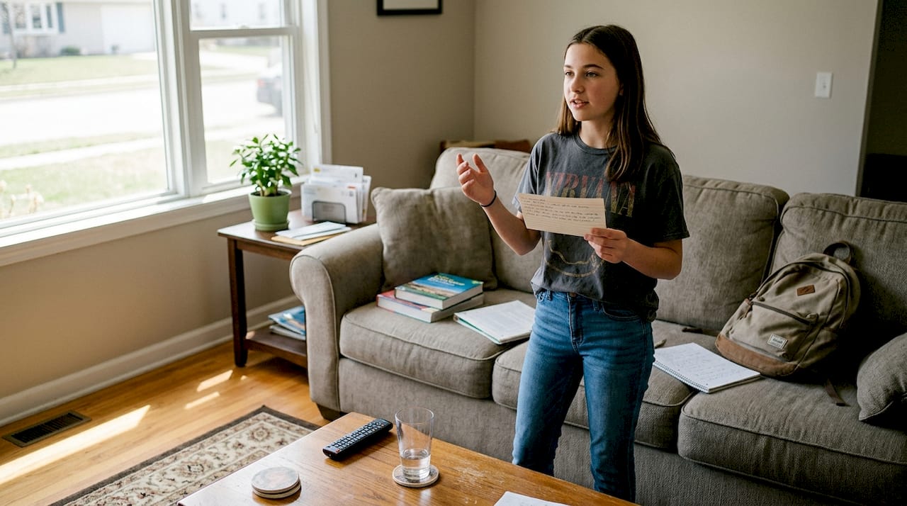Teen girl rehearses speech in a lived-in living room