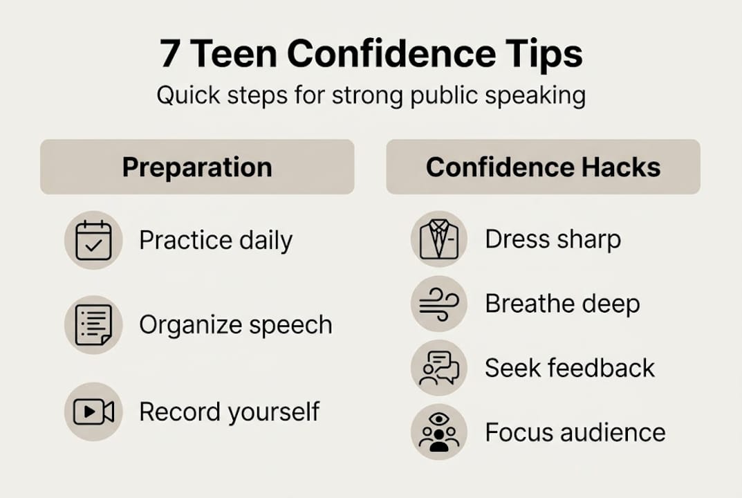 Infographic summarizing seven confidence tips for teen speakers