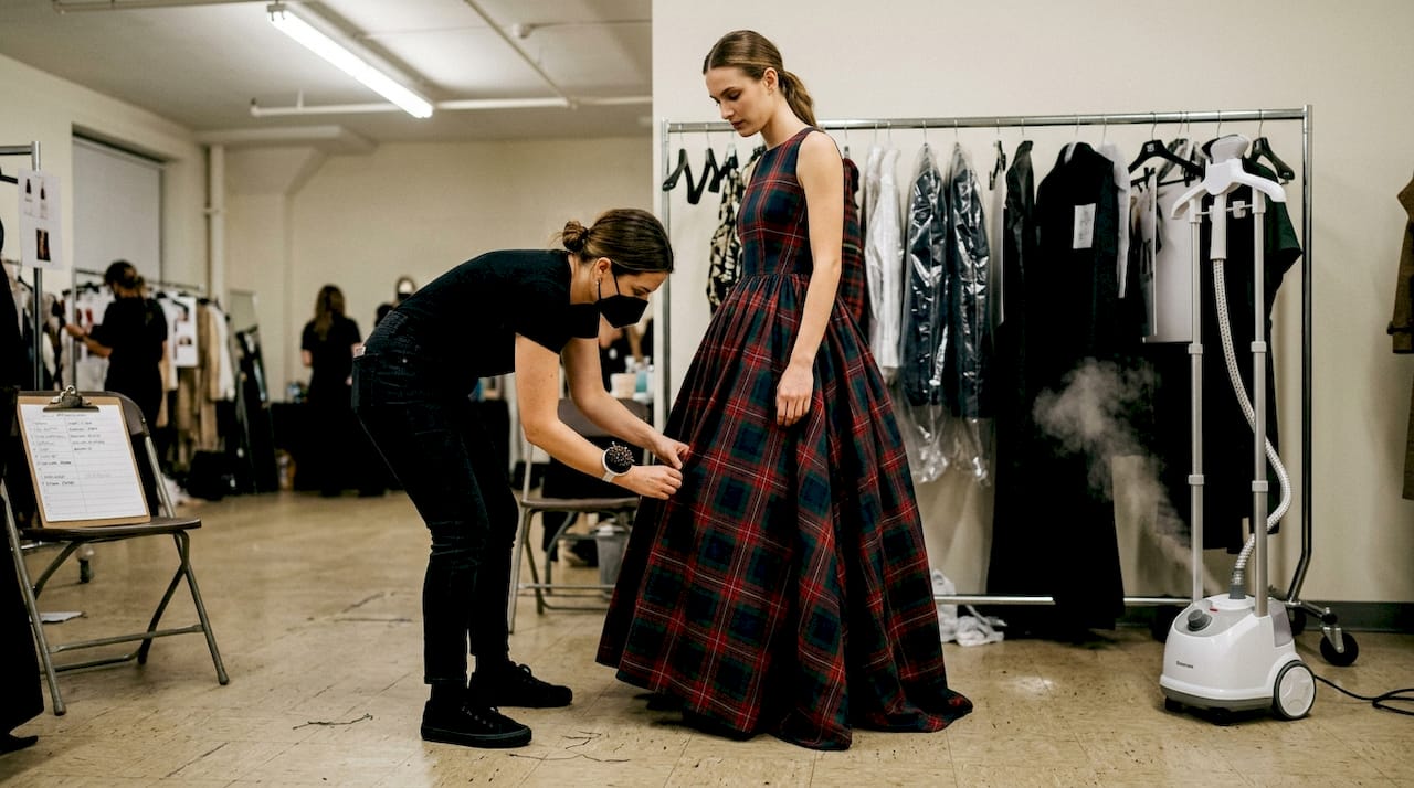 Backstage fitting of runway tartan Alexander dress