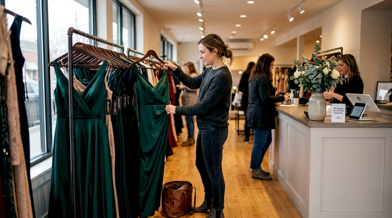 Woman browses Alexander formal dresses in boutique