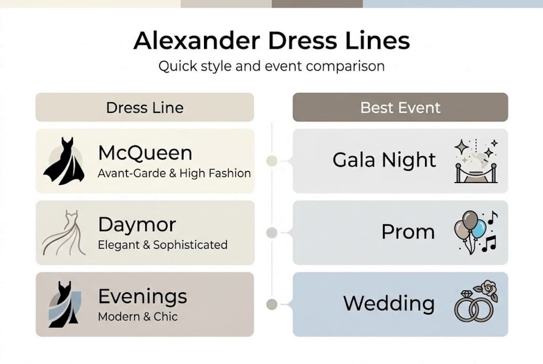 Infographic comparing three Alexander dress brands