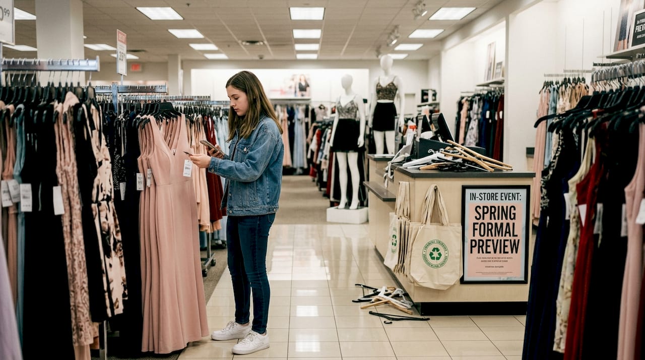 Teen girl choosing Sweet 16 dress in store