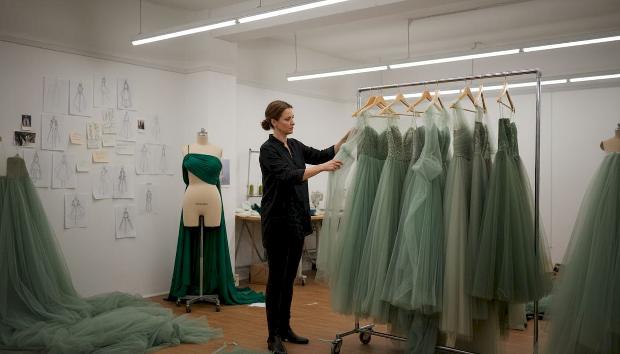 Designer organizes green ball gowns in studio