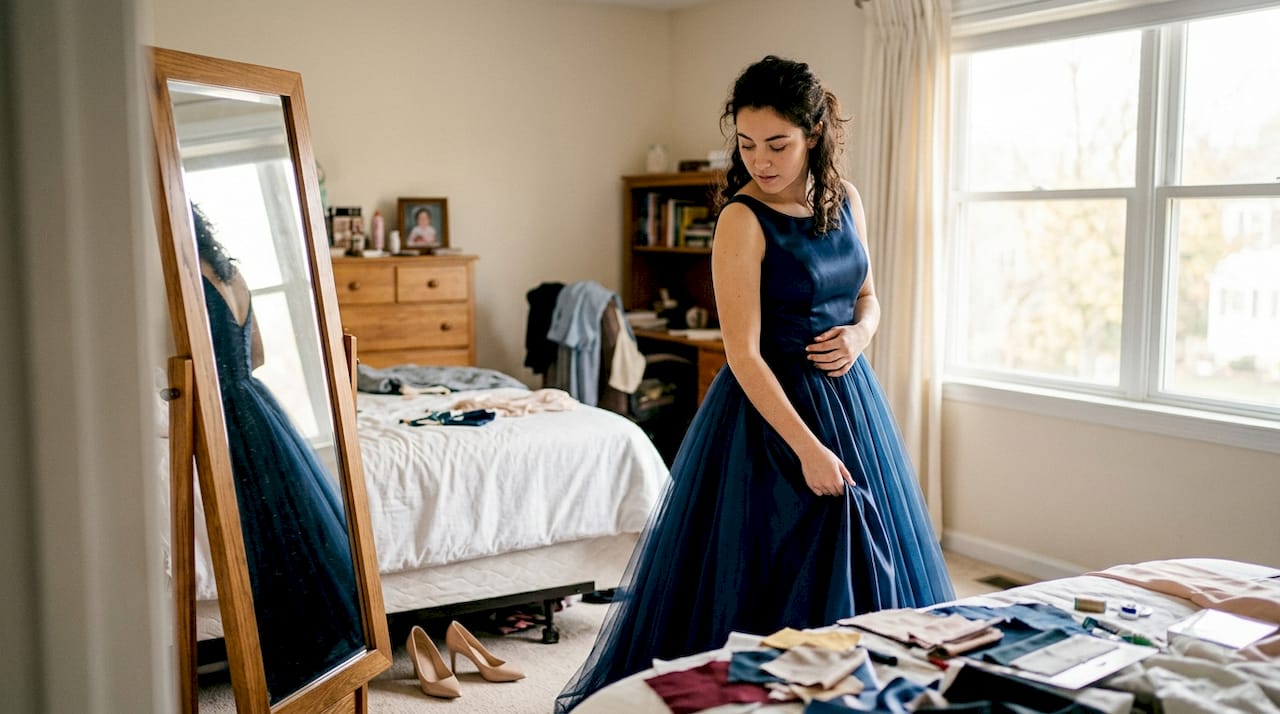 Woman choosing classic ball gown dress
