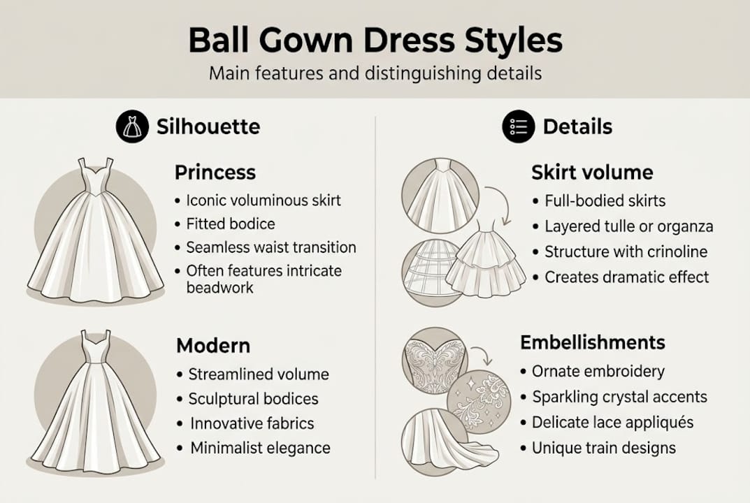 Ball gown styles infographic with features