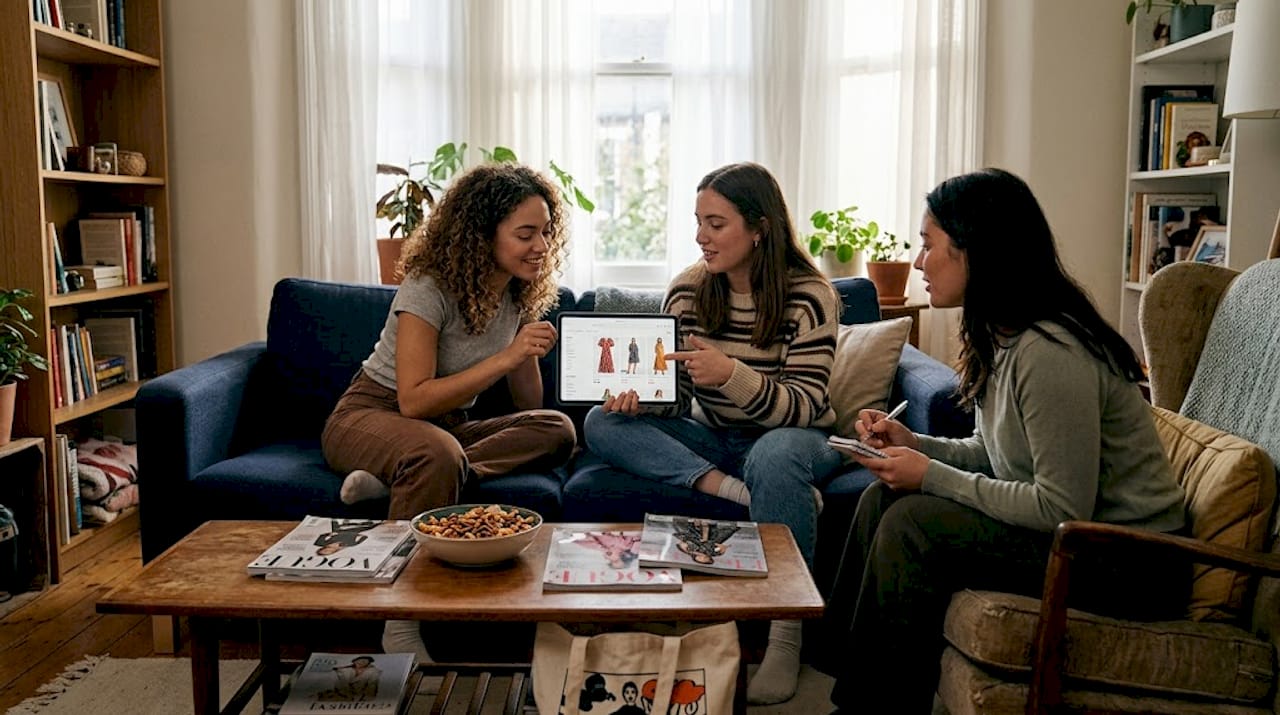 Friends discussing dresses in a cozy living room