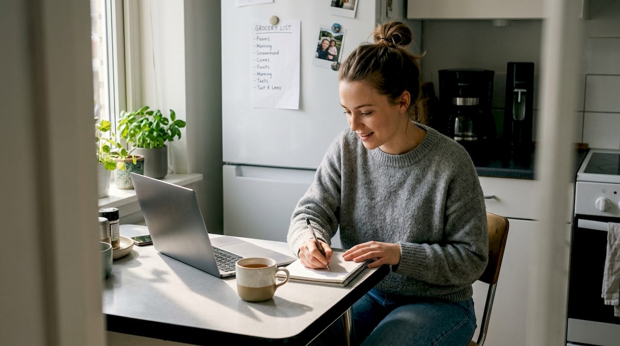 Young woman planning dress shopping at kitchen table