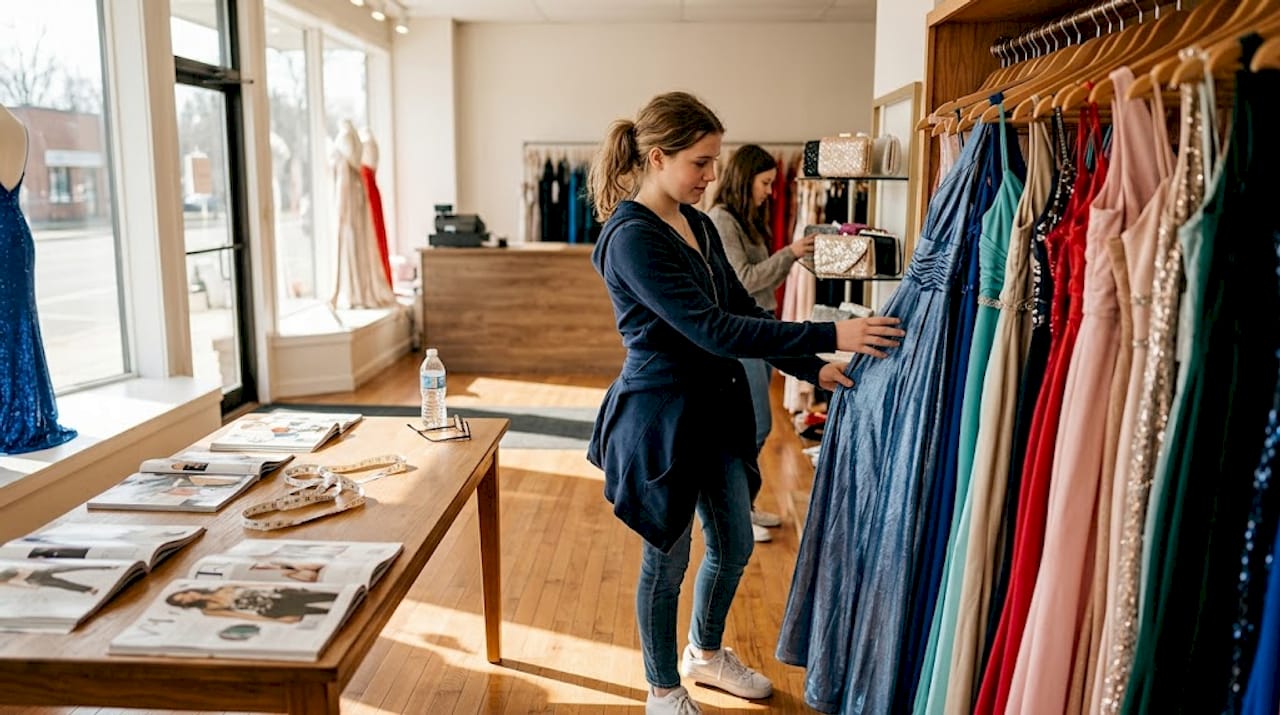 Teen shopping for prom dresses in boutique