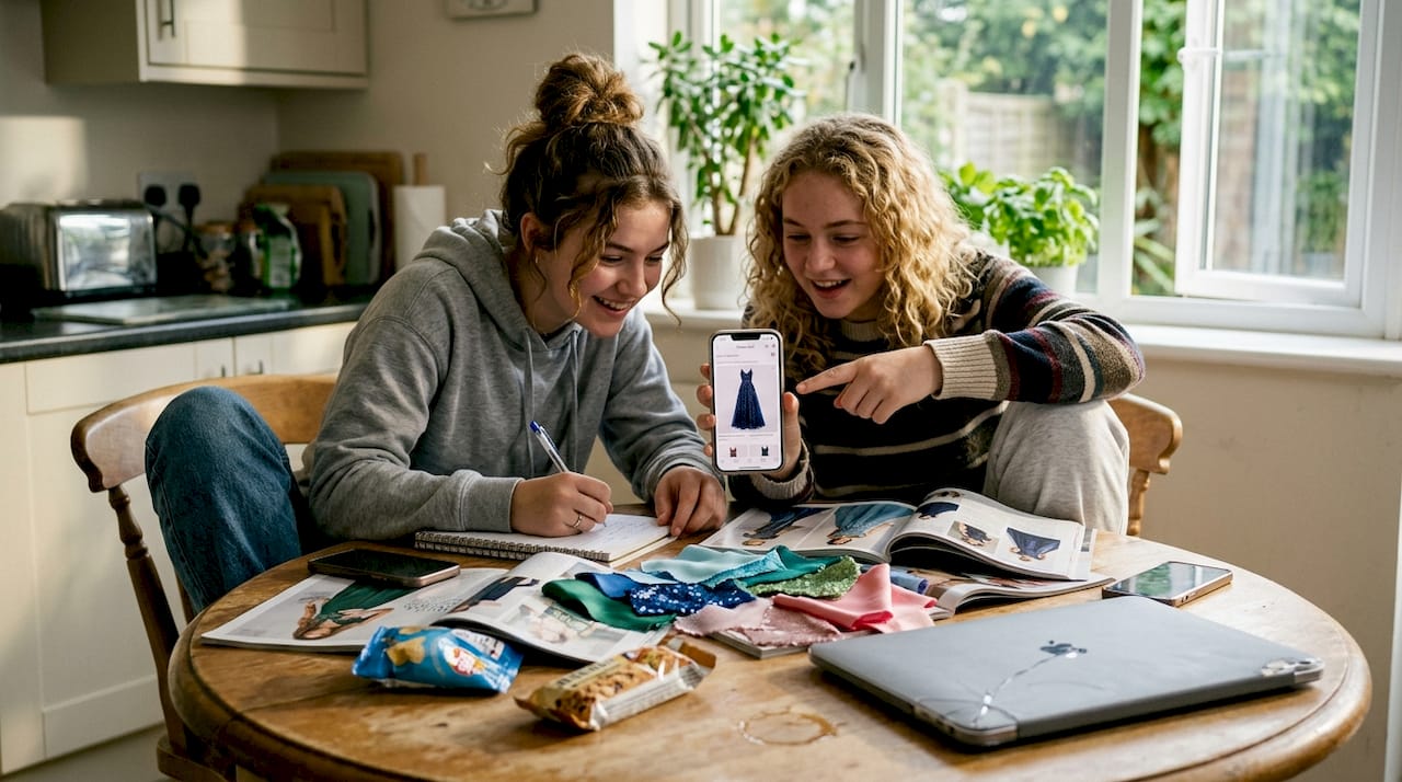 Friends discuss prom dress trends at kitchen table