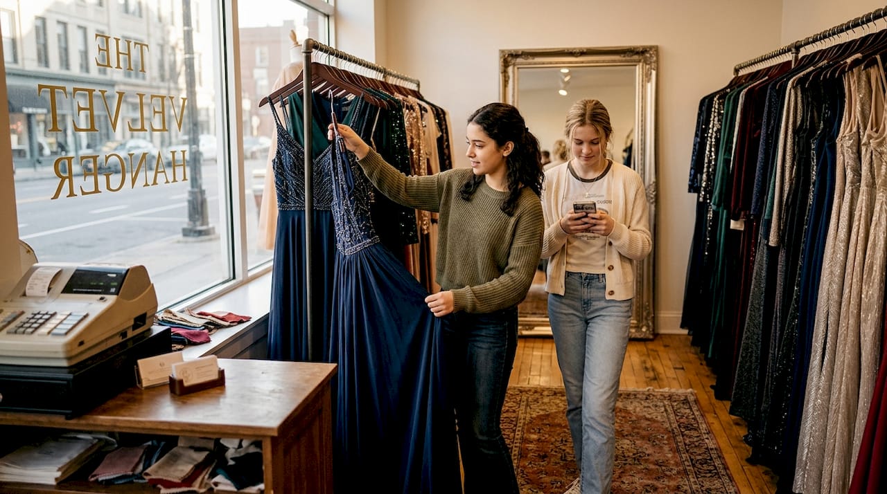 Teens shopping for prom dresses in boutique