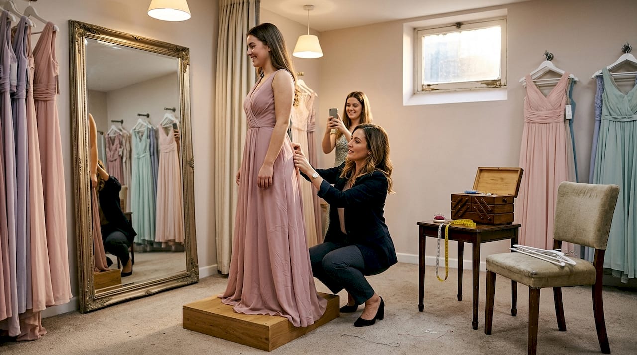 Boutique stylist adjusting formal evening dress