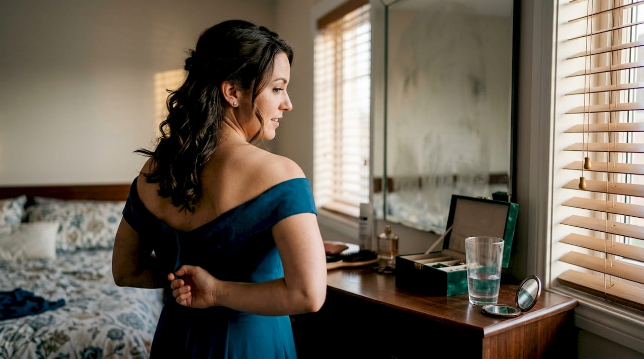 Woman fastening off-shoulder dress in bedroom