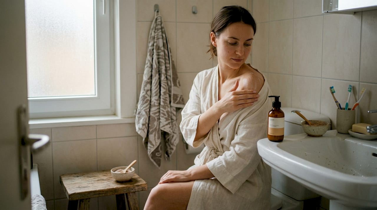 Woman moisturizing shoulder skin in bathroom