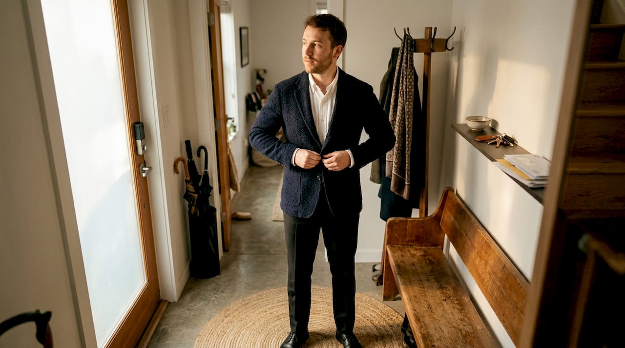 Man buttoning boucle blazer over formalwear