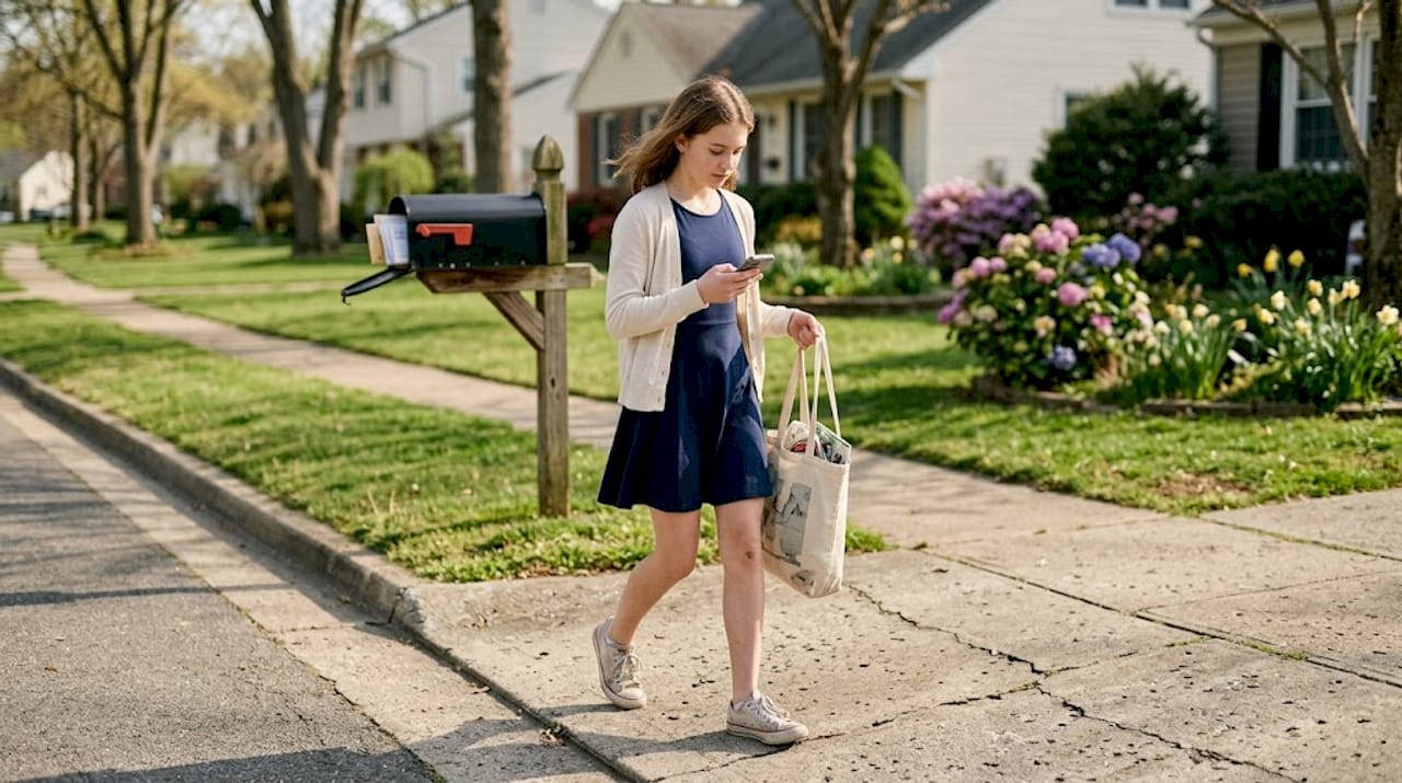 Petite teen wearing A-line dress on sidewalk