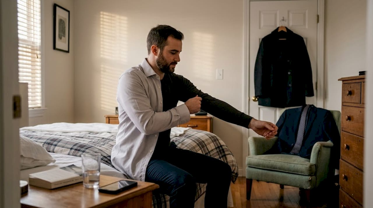 Man layering base under formal shirt