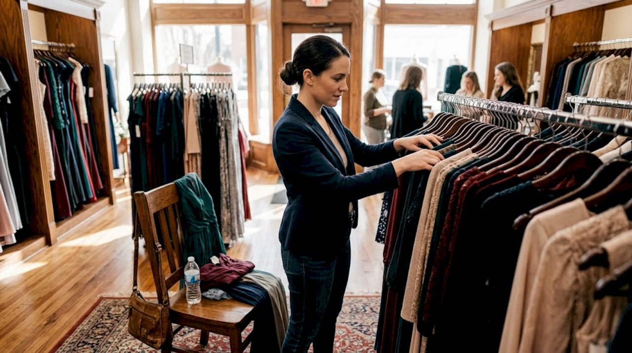 Woman browsing modest formal dress rack