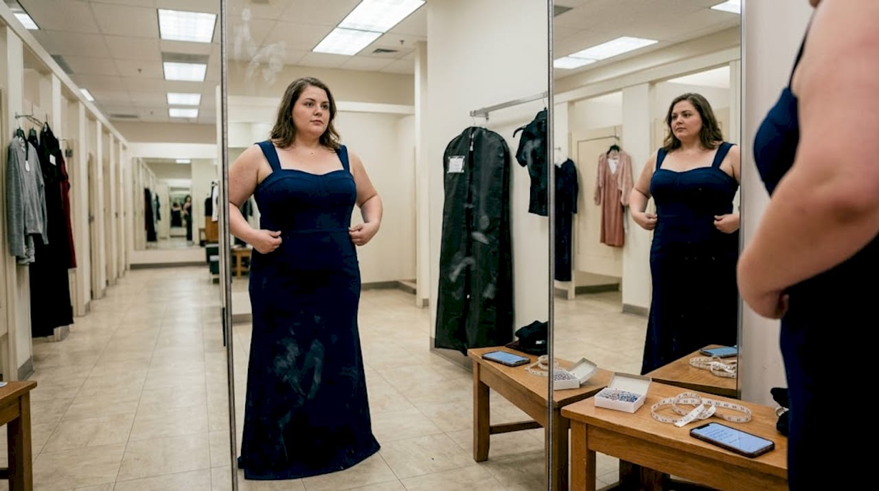 Plus-size woman fitting formal dress