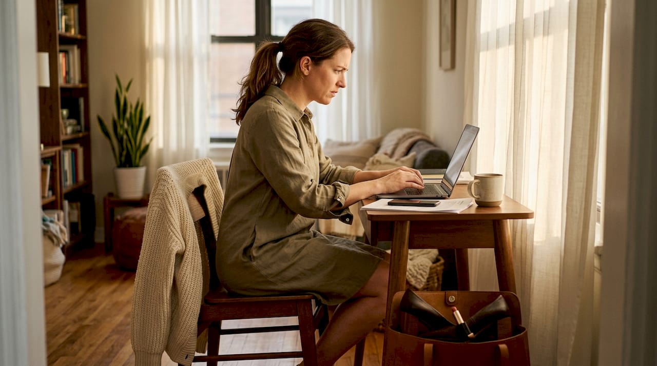 Woman at home desk in neutral day dress
