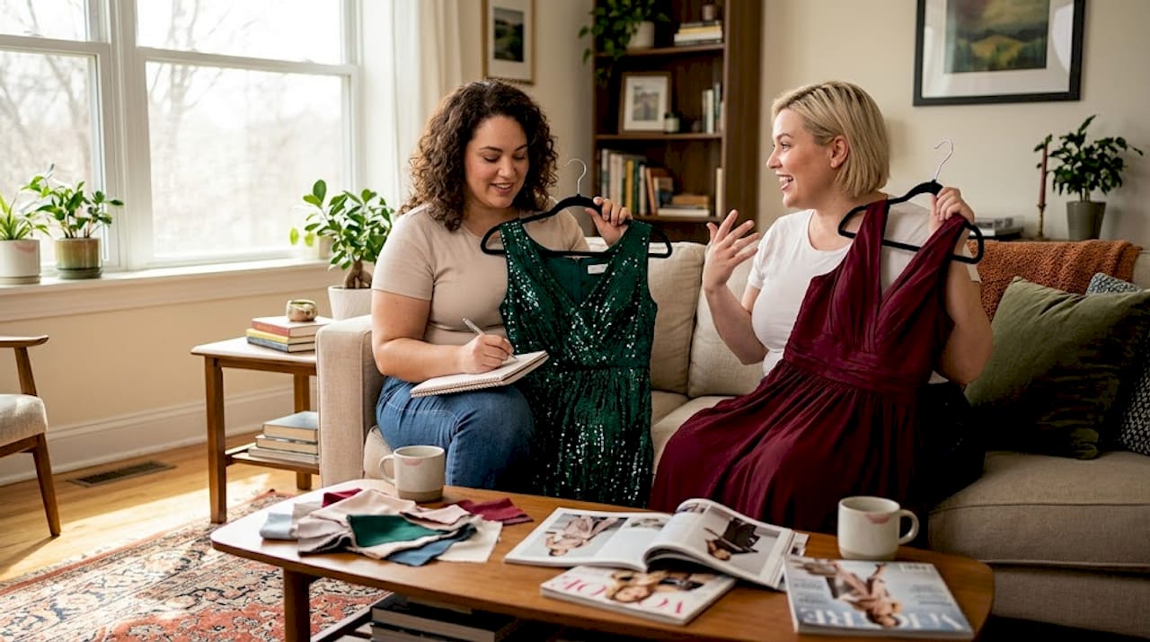 Two women discussing plus-size formal dresses