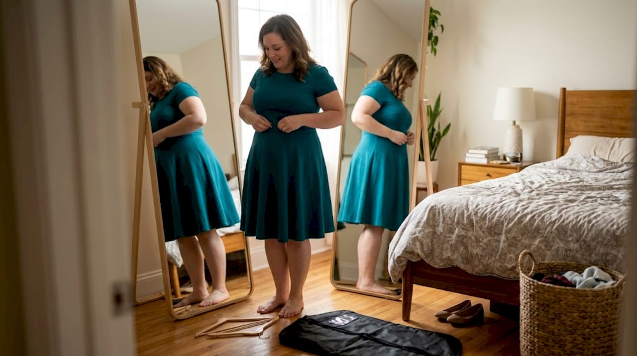 Woman fitting plus-size dress at home mirror