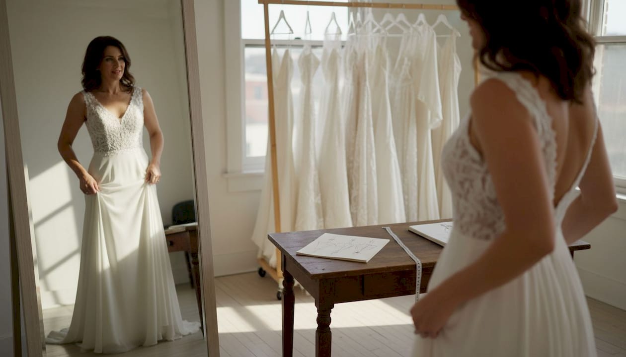 Woman fitting couture white dress in studio