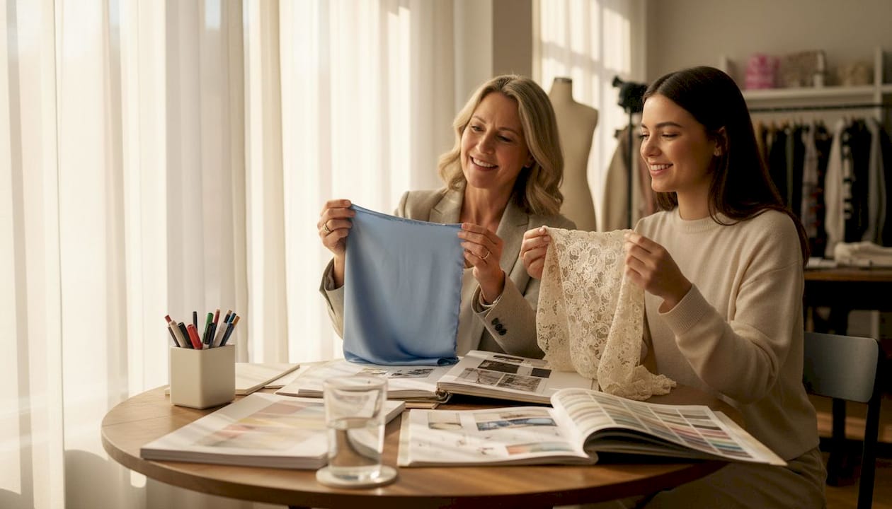 Consultants reviewing white dress fabric swatches