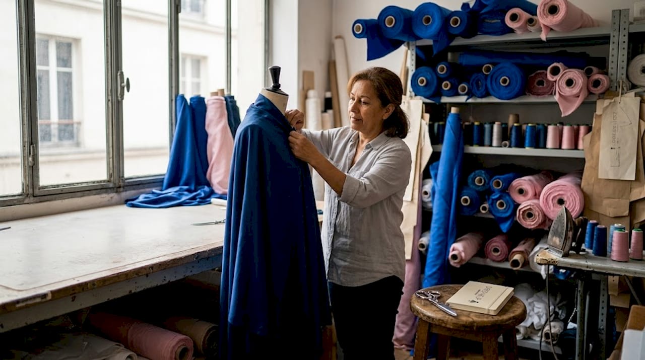 Seamstress drapes fabric in couture dress atelier