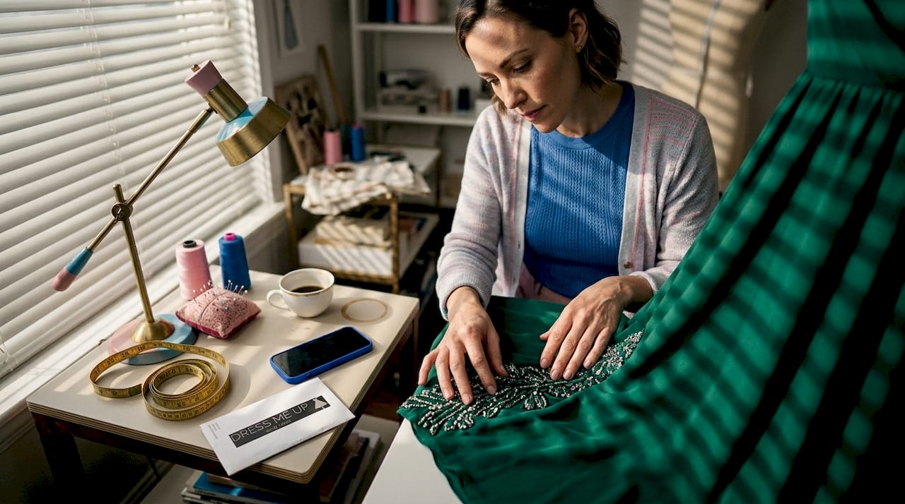 Craftsman inspecting beadwork on couture gown