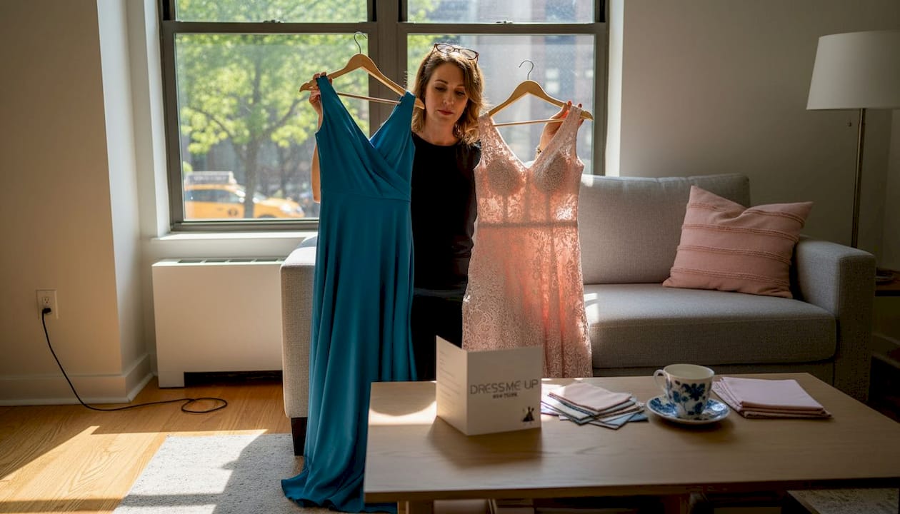 Mother choosing dress in New York home