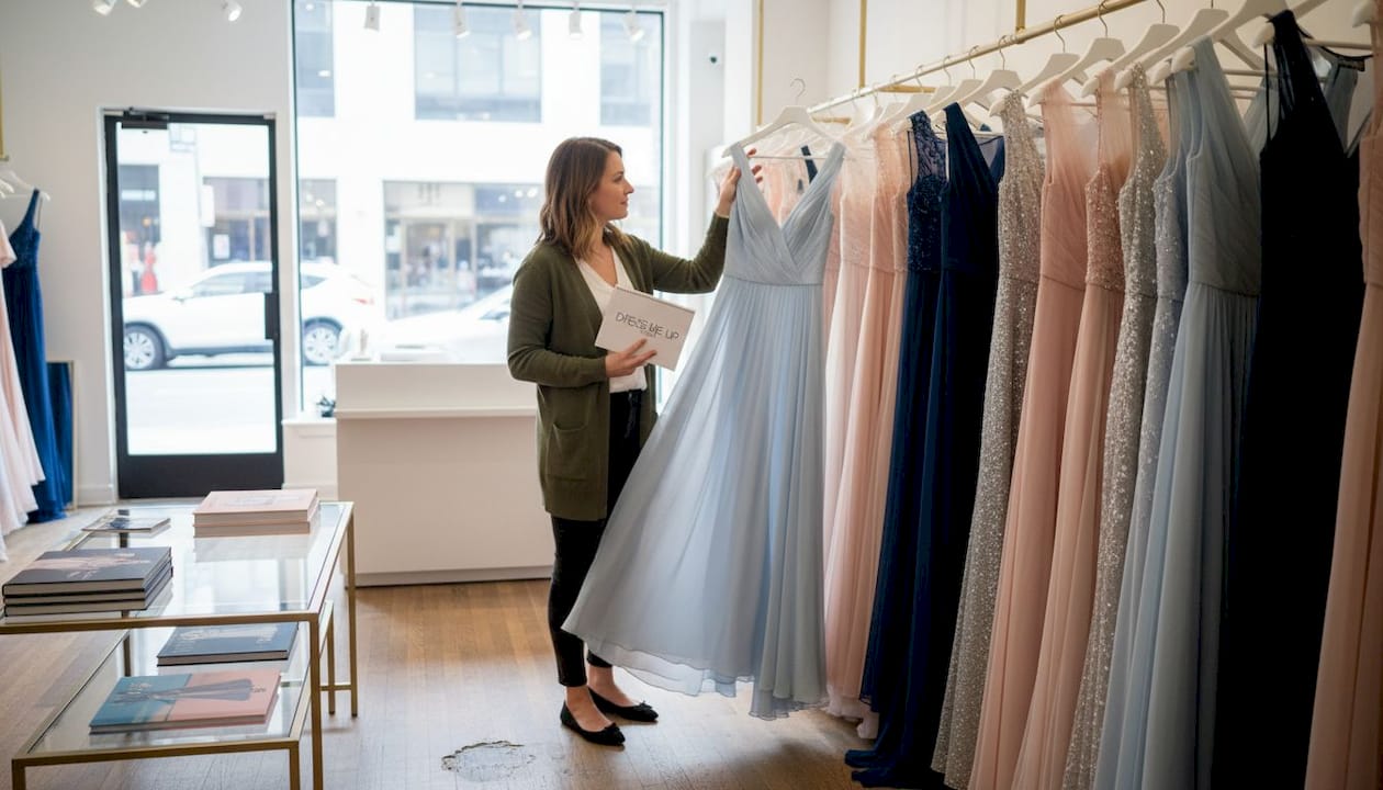 Woman browsing Cameron Blake dresses in boutique