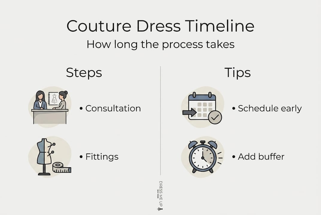 Infographic showing couture dress timeline steps and tips