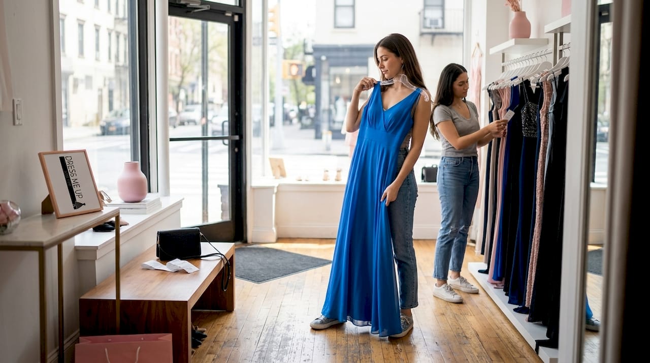 Women compare dresses in sunlit boutique