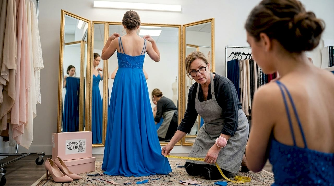 Tailor measures hem of formal dress fitting