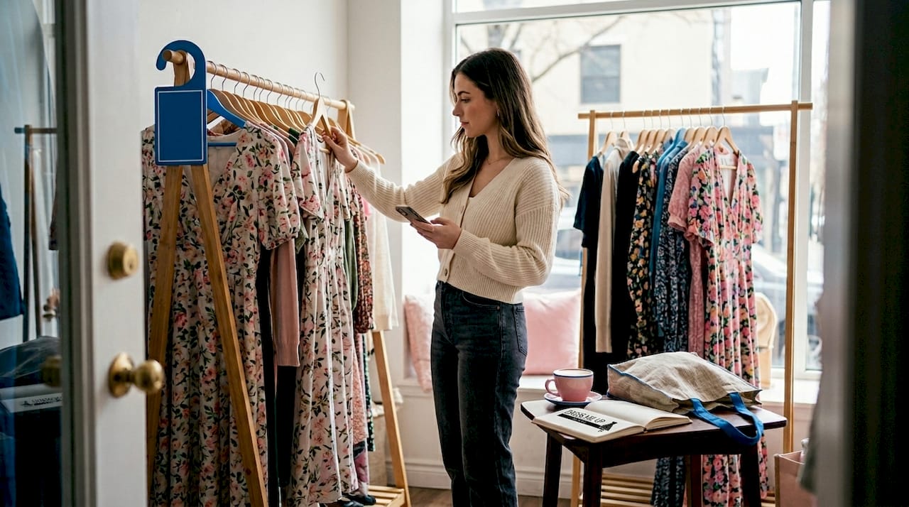 Woman checking dresses in sunlit boutique