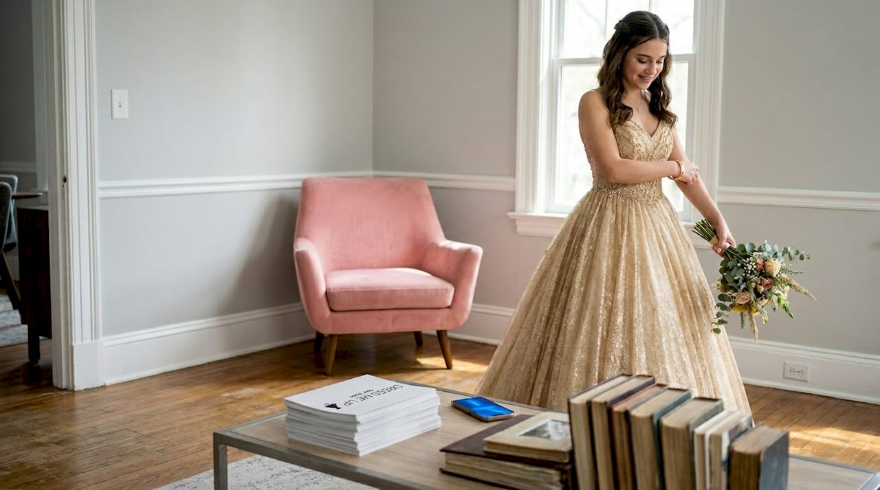 Teen in gold dress entering living room