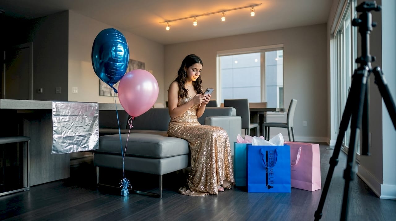 Gold dress under mixed party lighting